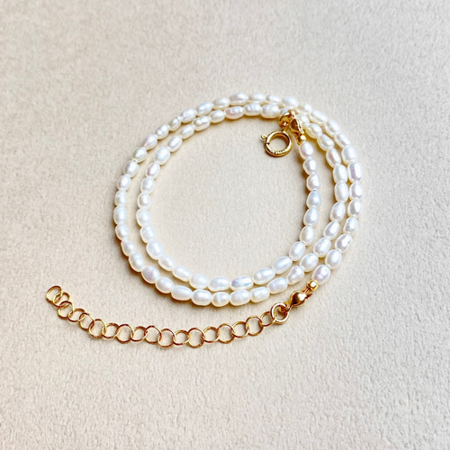 14KGF／4mm 小粒 淡水 ライス バロックパール チョーカー ネックレス