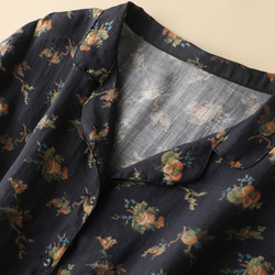 【NEW】★リネン100％ 黒の花柄スカート/レトロな半袖ドレス/Vネックスリムロングワンピース 4枚目の画像