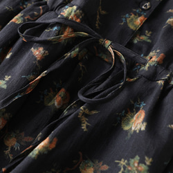 【NEW】★リネン100％ 黒の花柄スカート/レトロな半袖ドレス/Vネックスリムロングワンピース 5枚目の画像