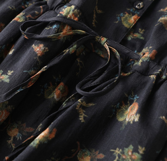 【NEW】★リネン100％ 黒の花柄スカート/レトロな半袖ドレス/Vネックスリムロングワンピース 5枚目の画像