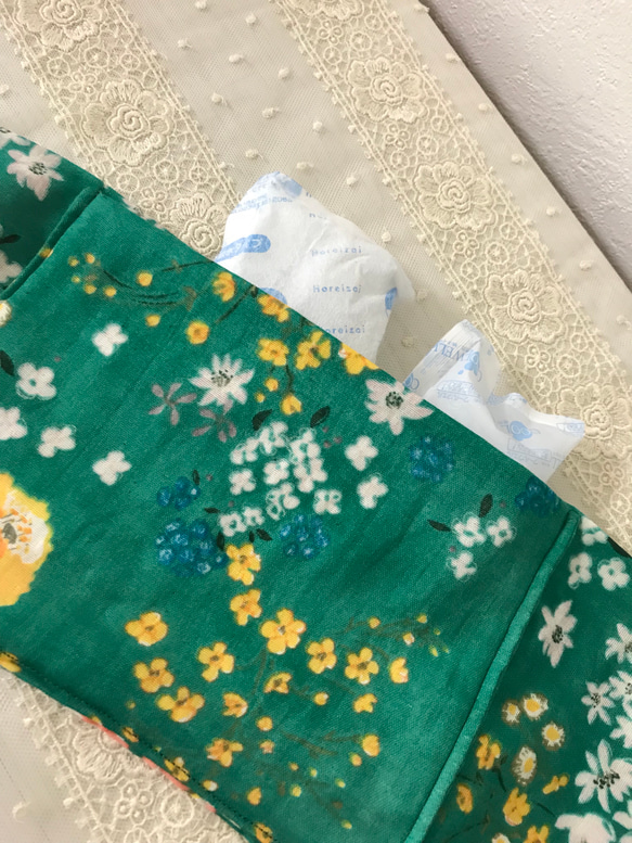 クーラーネック　保冷剤ポケット付きスカーフ 爽やかグリーン花柄 5枚目の画像