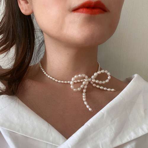 リボンモチーフ天然淡水パールチョーカー ネックレス バロック ケシ