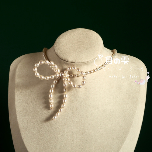 リボンモチーフ天然淡水パールチョーカー ネックレス バロック ケシ