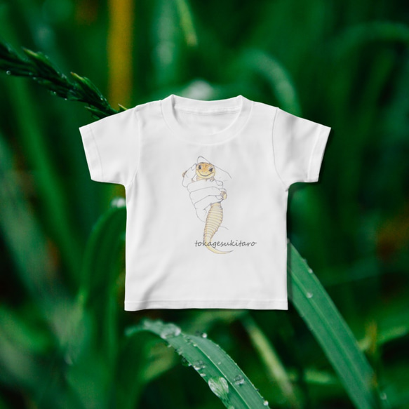 キッズTシャツ　ホワイト　子供サイズ　手の中にっこりレオパちゃん 1枚目の画像