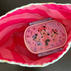 裏地付きマチあり巾着袋/お弁当袋/給食袋  ユニコーン(ミント)×ピンク(ピンクボーダーストライプ) 3枚目の画像