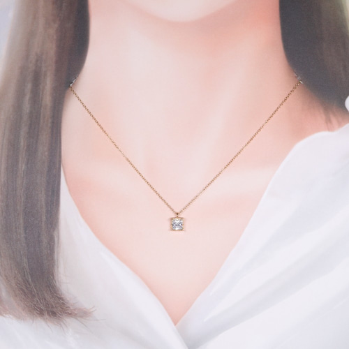 14k ネックネス 14kgf/ 大粒プリンセスカットの一粒ジルコニアネックレス