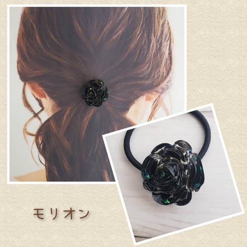 ヘアゴム レジン 3.2cm丸型 ミニ薔薇と天然石アメジスト