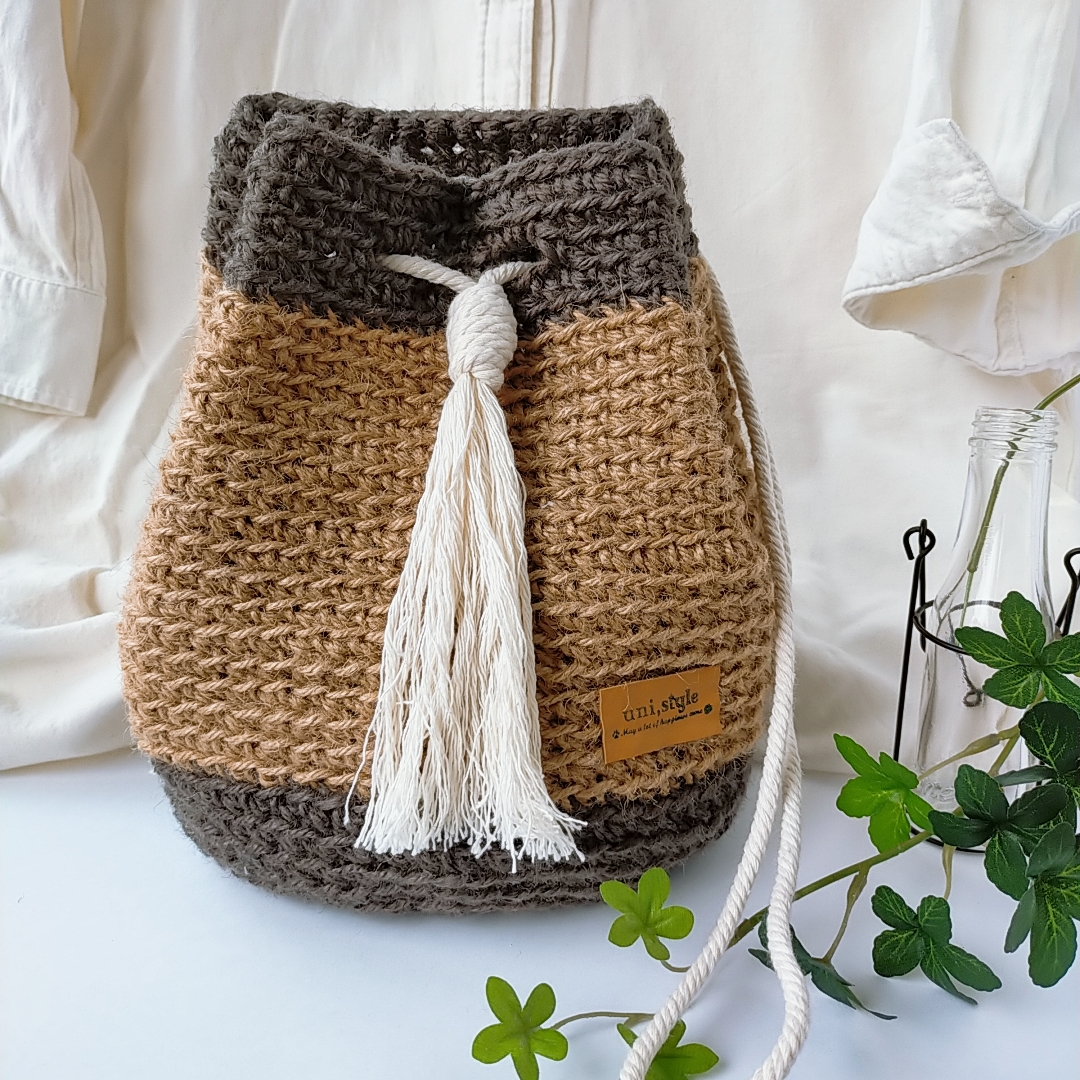 ハンドメイド グレー＆ナチュラル 巾着バッグ