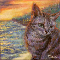 猫　サーフィン　サバトラ　とら猫　サーファー猫　夏　日本画　絵画　原画　海 猫 サーフィン サバトラ とら猫 サーファー猫 夏 日本画 絵画