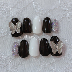 シンプル ブラック 蝶々 韓国 ネイルチップ ネイルチップ（つけ爪