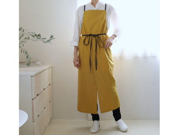 仕事がはかどるスリット入りエプロン♪110cm丈バッククロス/コットン