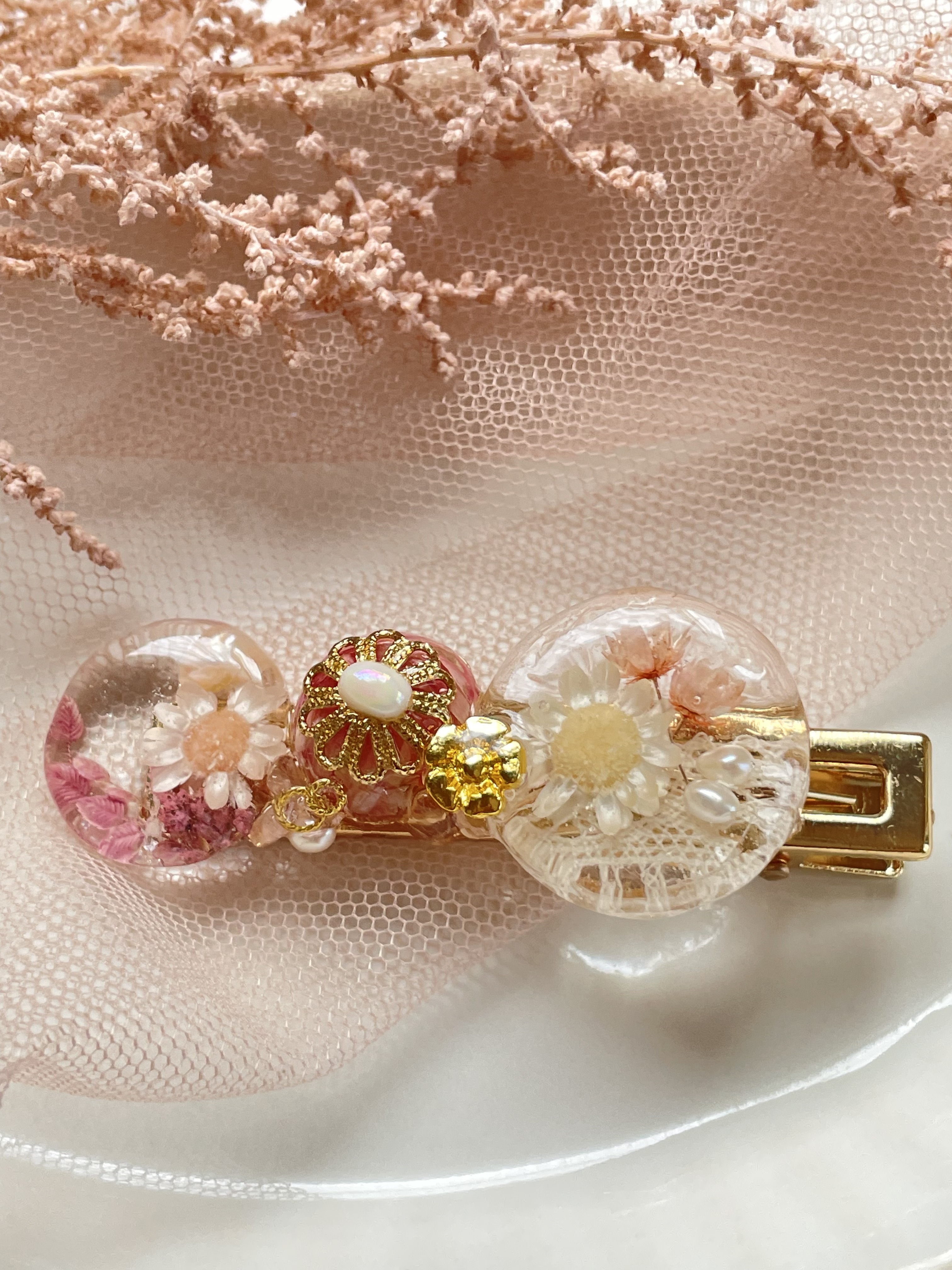 ハンドメイド レジン 花かんざし べージュピンク アナベル ヘア 