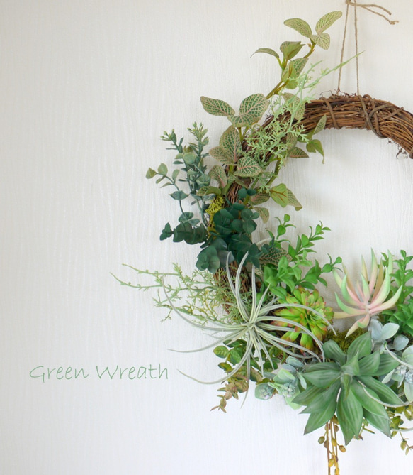光触媒加工済　多肉植物の大きめグリーンリース　Green Wreath  リモート背景 2枚目の画像