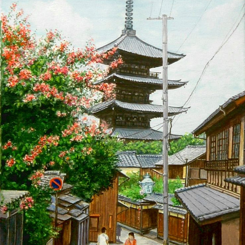 手描き 水彩画 京都 八坂の塔と八坂道 （小さな水彩画原画 京都