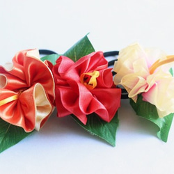 木槿花髮帶/3 件套裝/用於草裙舞、浴衣和尤克里裡演奏會/夏威夷花領帶、花飾、絲帶花環 第1張的照片