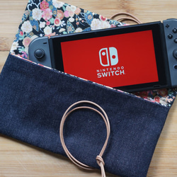デニム＋レザーストラップ Nintendo Switch ケース 1枚目の画像