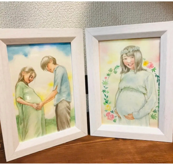 マタニティにがおえ水彩画・マタニティフォトを絵に！妊婦さん似顔絵オーダー 2枚目の画像