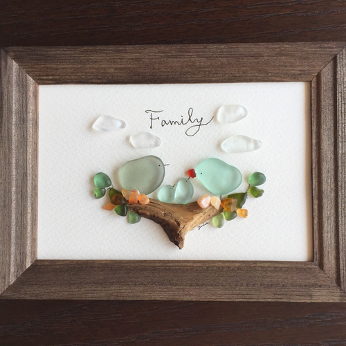 シーグラスアート 鳥 家族 延ばす 