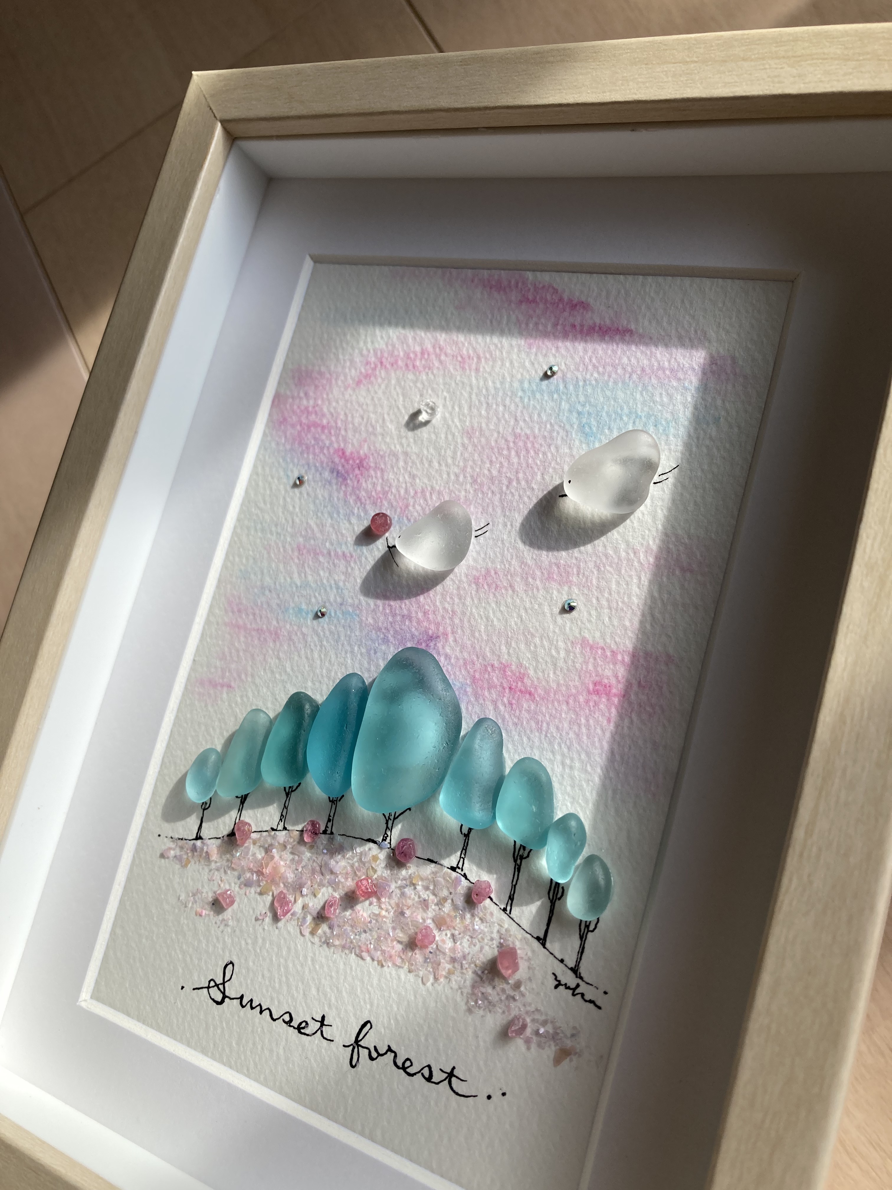 パープルの森　シーグラス／天然石／フレームアート／風景／原画／自然／手描き パープルの森シーグラス／天然石／フレームアート／風景／原画