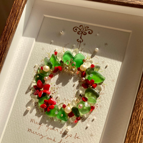 クリスマスリース2 シーグラス／天然石／フレームアート／壁掛け／xmas