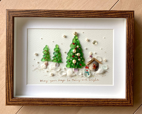クリスマスの風景11 シーグラス／天然石／フレームアート／xmas／雪景