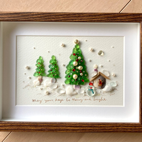クリスマスの風景11 シーグラス／天然石／フレームアート／xmas／雪景