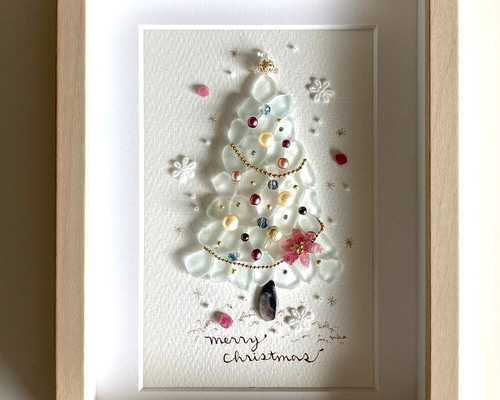 Blue Treeとうさぎ シーグラスアート／天然石／クリスマス／ツリー クリスマスツリー7 シーグラス／天然石／フレームアート／壁掛け／もみ