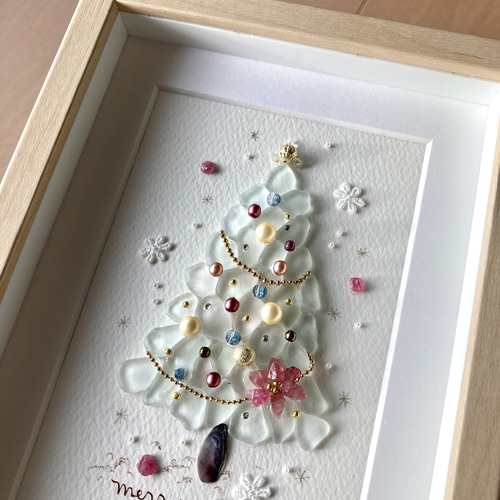 クリスマスツリー7 シーグラス／天然石／フレームアート／壁掛け／もみ