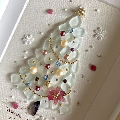 クリスマスツリー7 シーグラス／天然石／フレームアート／壁掛け／もみ