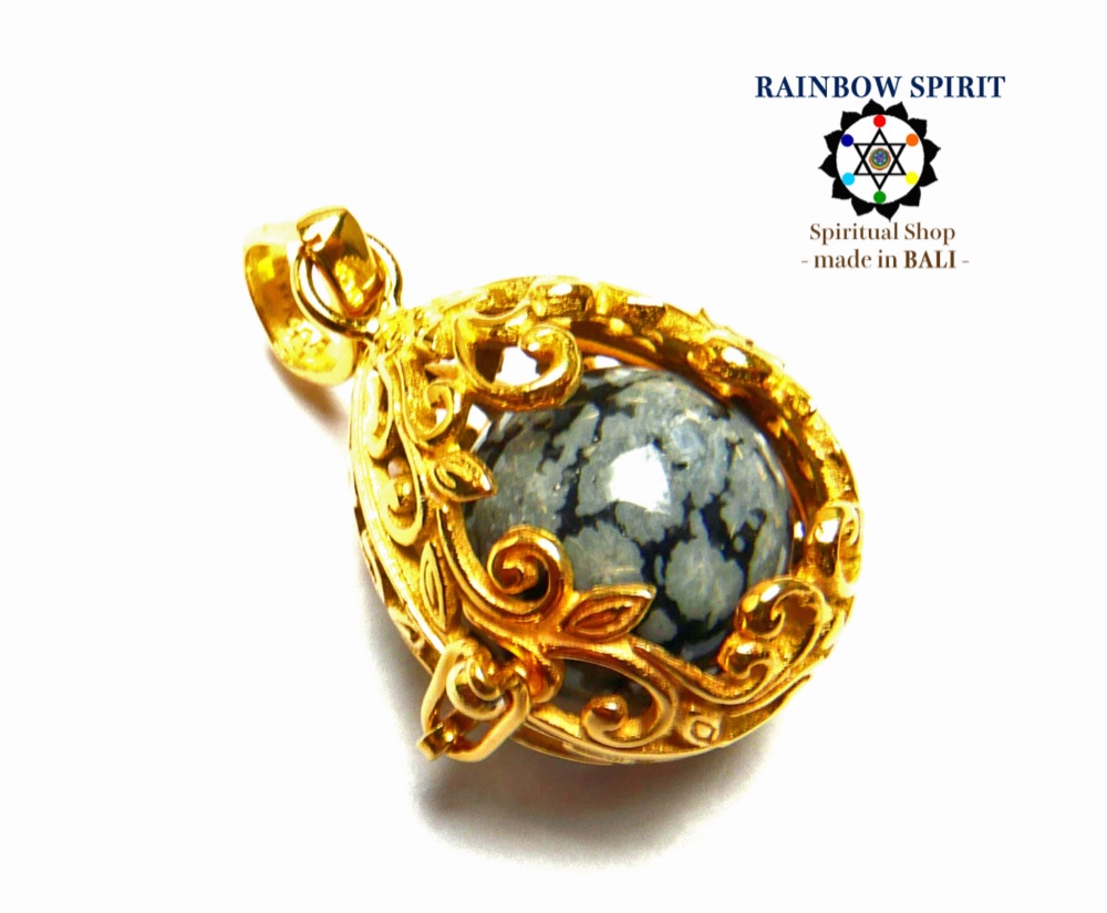 ✼純金加工✼スノウフレイクオブシディアンのペンダントトップ༺ぱかりと開けられる•*•エレガントな卵型༻天然石アクセサリー