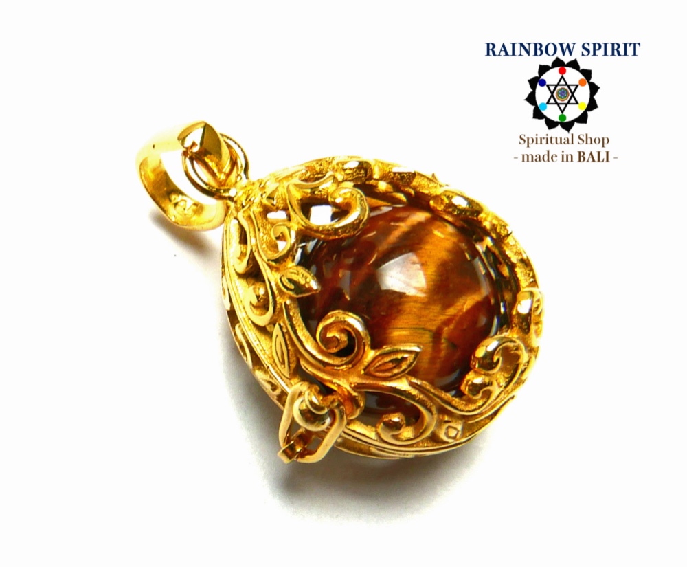 ✼純金加工✼タイガーアイのペンダントトップ༺ぱかりと開けられる•*•エレガントな卵型༻天然石アクセサリー/人気プレゼント