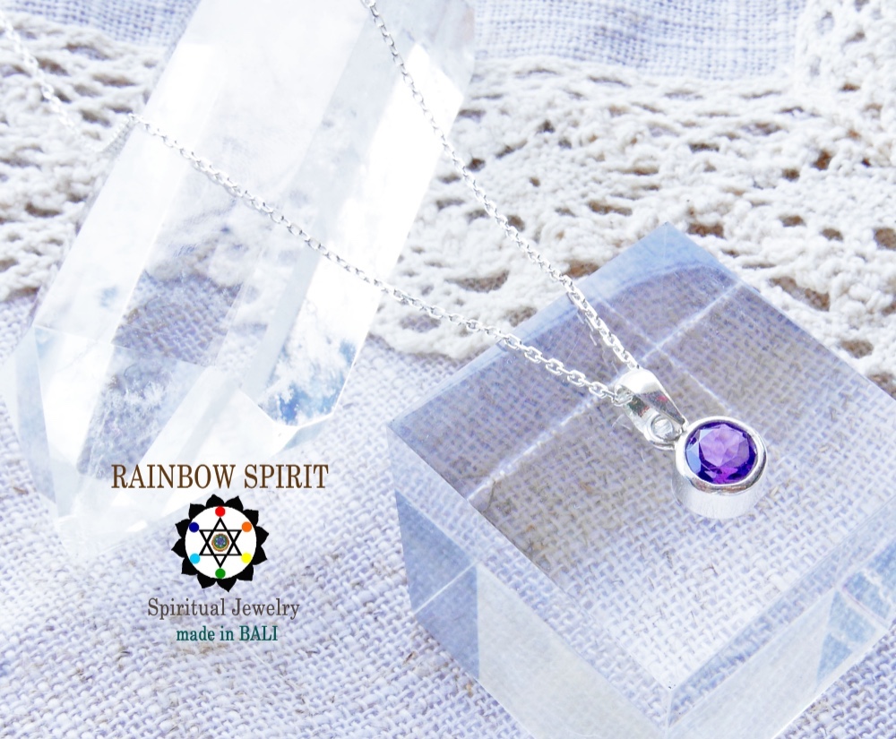✼プラチナ加工✼ アメジスト/6mm/2月誕生石༺バリ島の僧侶の祈祷＆浄化❥ヒーリングネックレス༻誕生日ギフト/出産祝い