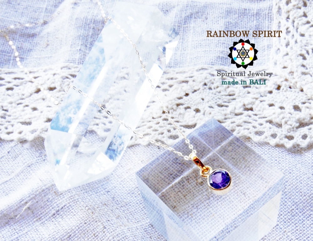 ✼純金加工✼アメジスト/6mm/2月誕生石༺バリ島の僧侶の祈祷＆浄化❥ヒーリングネックレス༻ 誕生日プレゼント/出産祝い