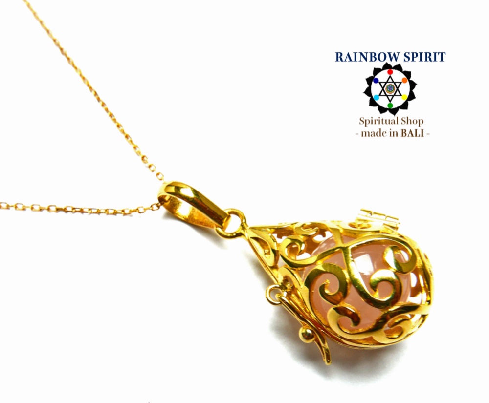 ✼純金加工✼ローズクォーツのネックレス༺ぱかりと開けられる•*•エレガントなドロップ型༻天然石アクセサリー/アジアン