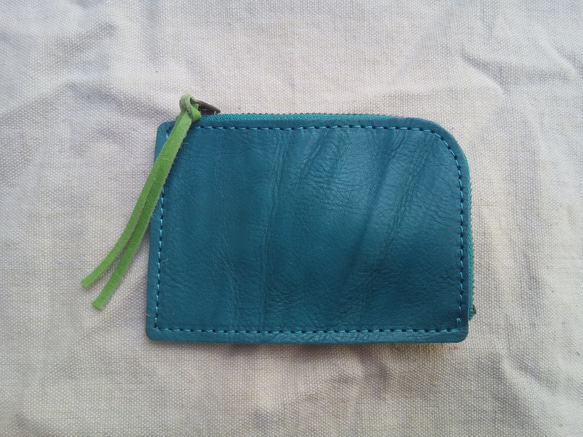 小型皮革硬幣/卡夾（L形扣件類型）＃Turquoise-Genuine皮革[定做] 第1張的照片