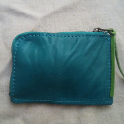 小型皮革硬幣/卡夾（L形扣件類型）＃Turquoise-Genuine皮革[定做] 第2張的照片