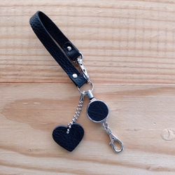 皮革鑰匙扣（帶可伸縮卷線器和肩帶）#黑色意大利皮革 真皮 [定做] 第1張的照片