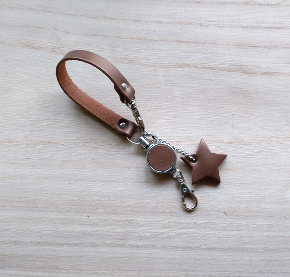 皮革鑰匙鏈（帶可伸縮卷線器和帶子）#Metallic brown 真皮 [定做] 第2張的照片