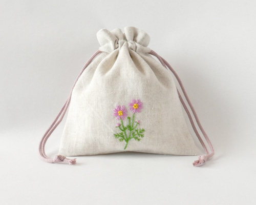 手刺繍まぁるい巾着ポーチハーフリネン和柄すみれ