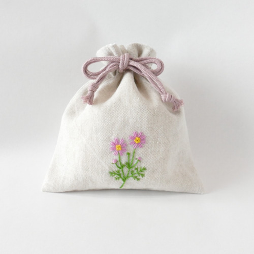 字入れ〛リネンの手刺繍巾着ポーチ＊コスモス 巾着袋 ほころもり