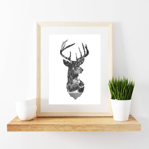 NATURE IN DEER HEAD ☆ 鹿 自然 モノトーン アートポスター 写真