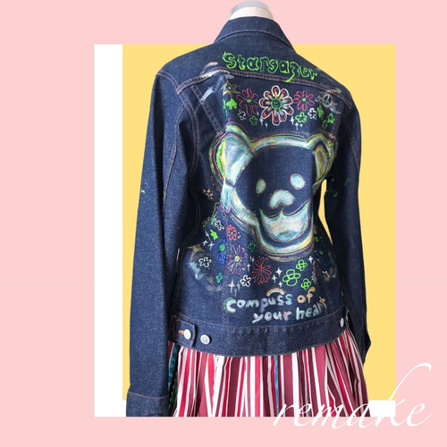 art 古着リメイク ペイントデニムジャケット 3Dアート 熊 ジャケット