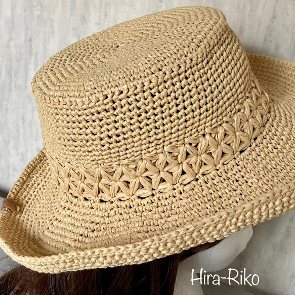 [受注制作Ｌ]リフ編み入り手洗い出来る夏の帽子(Lサイズ) 3枚目の画像