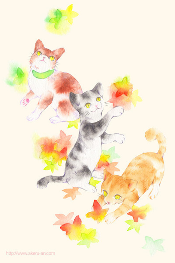 ポストカード「猫と落葉」（４枚入） 1枚目の画像