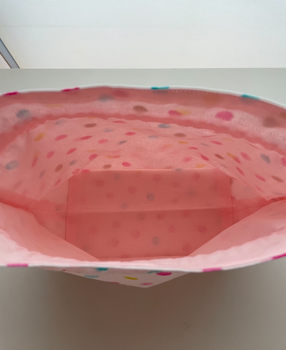 お弁当袋　可愛いカラフルドット柄　女の子　紐ピンク色 3枚目の画像