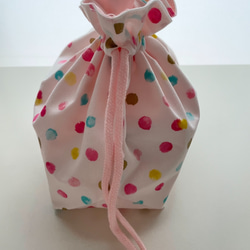 お弁当袋　可愛いカラフルドット柄　女の子　紐ピンク色 5枚目の画像