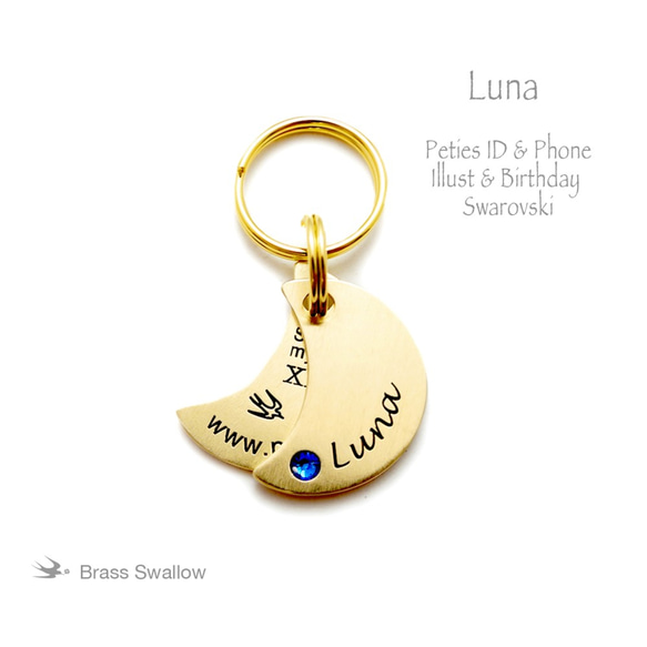 猫・小型犬向け真鍮迷子札 誕生日刻印 迷子サポート付き機能性迷子札 Luna 1枚目の画像