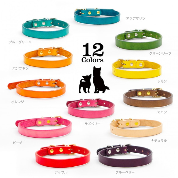 12Color レザーチョーカー 小型〜中型犬向けスリムタイプ12mm 真鍮迷子札プレート付き 3枚目の画像