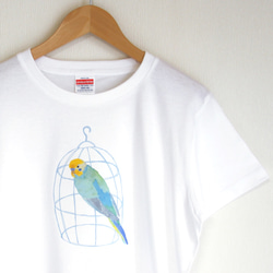 p-jet　カゴとセキセイインコ （レインボー） Tシャツ　（  鳥 インコ） 1枚目の画像
