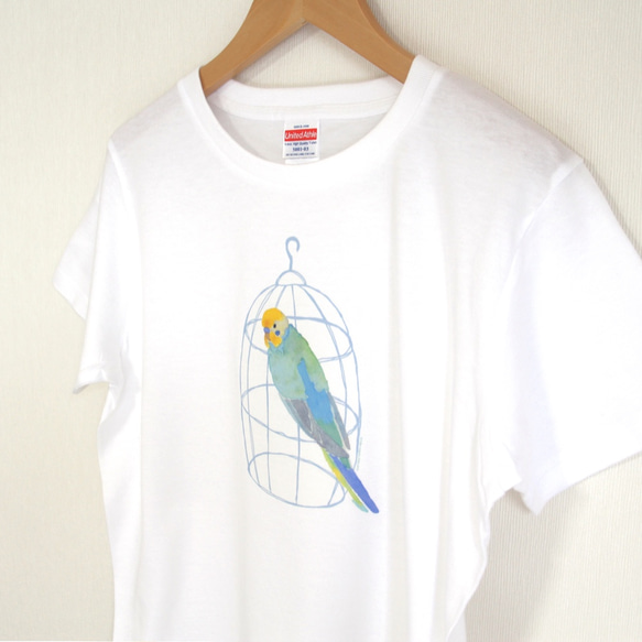 p-jet　カゴとセキセイインコ （レインボー） Tシャツ　（  鳥 インコ） 2枚目の画像